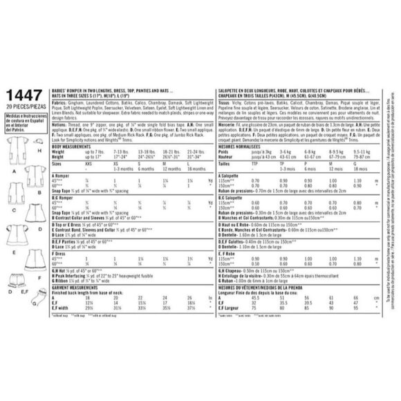 Simplicity 1447 Easy-To-Sew Pattern For Babies Romper Dresses Panties And Hats - Picture 2 of 3